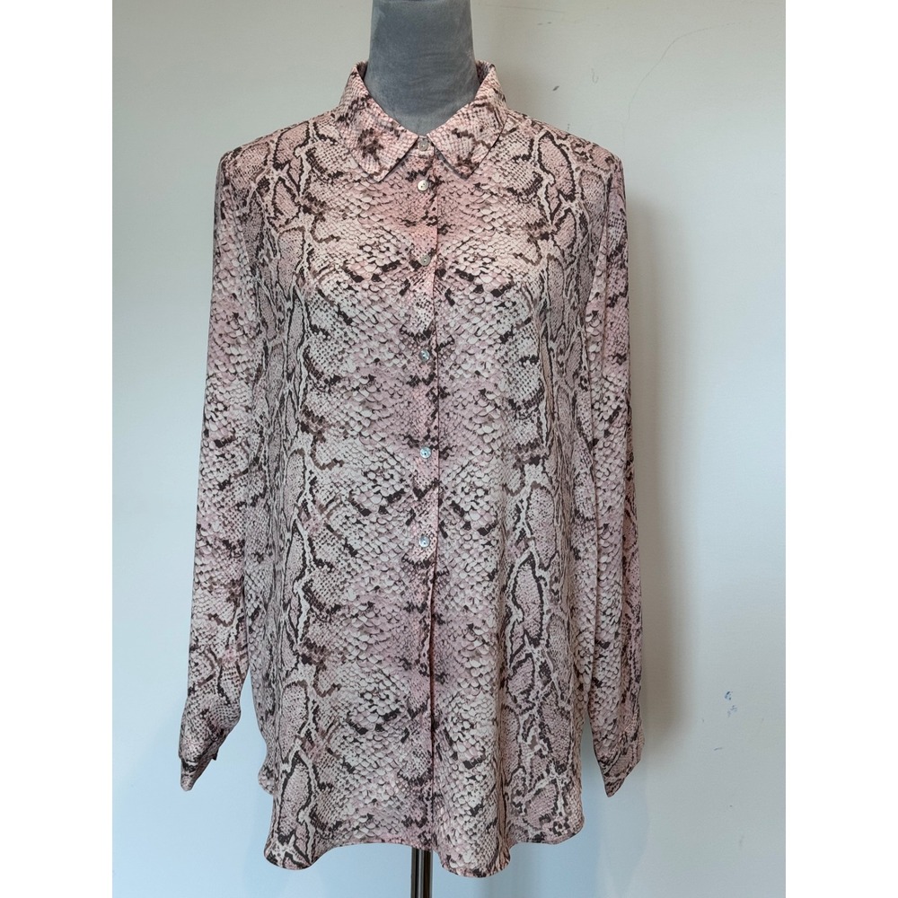 Rose + Olive Pink Snakeskin Animal Print Button Down Blouse Large Long Sleeve